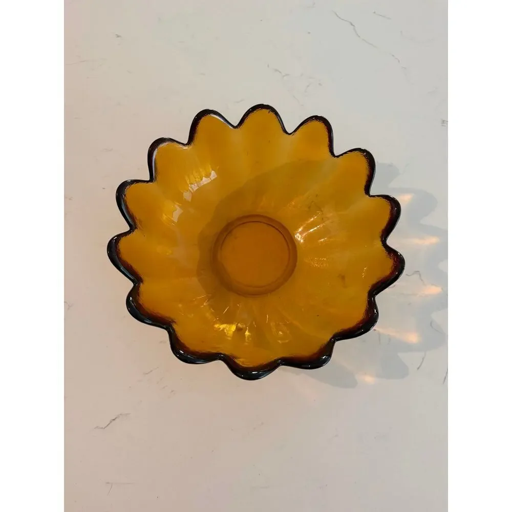 Vintage Blenko Mid-Century Handblown Amber Glass Lotus Petal Centerpiece Bowl